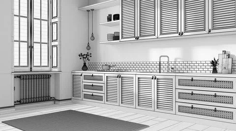 Blueprint unfinished project draft, colonial wooden kitchen in white tones. C Stock Illustration