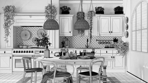 Blueprint unfinished project draft, dining table and kitchen in wooden scandi 스톡 일러스트