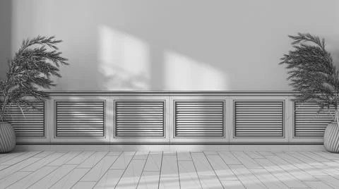 Blueprint unfinished project draft, empty room interior design, table top, pa 스톡 일러스트