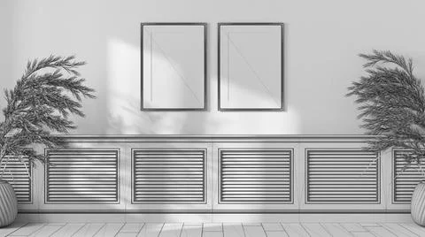 Blueprint unfinished project draft, empty room interior design, table top, pa 스톡 일러스트