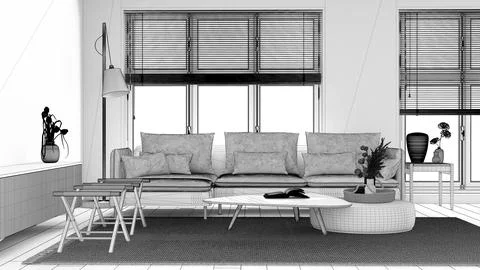 Blueprint unfinished project draft, japandi minimalist living room. Fabric .. Stock Illustration
