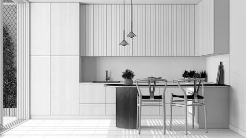 Blueprint unfinished project draft, japandi modern wooden kitchen. Dining i.. Stock Illustration
