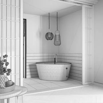 Blueprint unfinished project draft, japandi bathroom. Paper door and freest.. Illustrazione stock