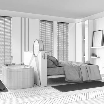 Blueprint unfinished project draft, japandi bleached wooden bedroom with ba.. Stock Illustration
