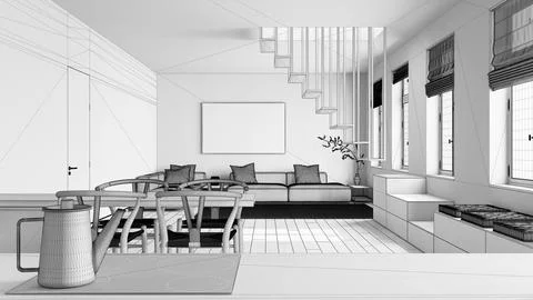 Blueprint unfinished project draft, kitchen work top with induction hob and.. Stock Illustration