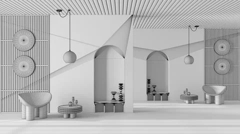 Blueprint unfinished project draft, metaphysical abstract interior design for Stock Illustration