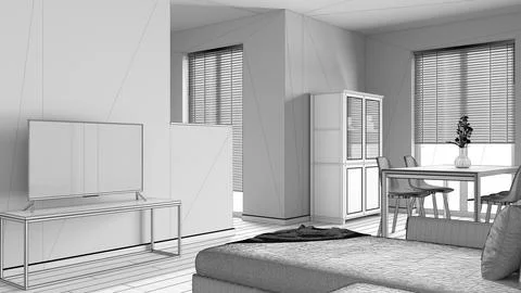 Blueprint unfinished project draft, minimal living and dining room. Velvet .. Stock Illustration