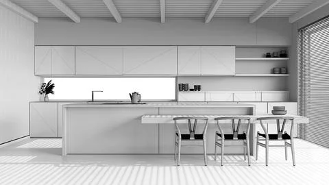 Blueprint unfinished project draft, minimal wooden kitchen with island. Res.. Stock Illustration