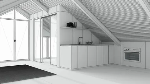 Blueprint unfinished project draft, minimal mansard, kitchen with cabinets... Stock Illustration