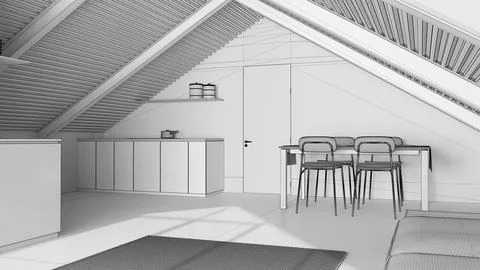 Blueprint unfinished project draft, minimal penthouse. Kitchen, living and .. Stock Illustration