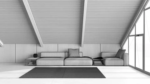 Blueprint unfinished project draft, minimal mansard, living room with velve.. Illustrazione stock