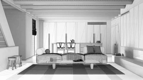 Blueprint unfinished project draft, minimal modern wooden kitchen and livin.. Stock Illustration