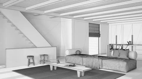 Blueprint unfinished project draft, minimal modern wooden living, dining ro.. Illustrazione stock