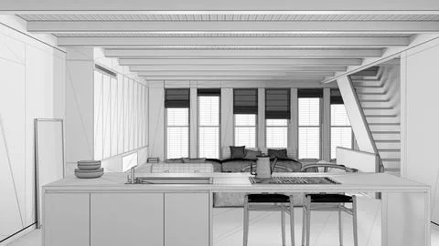 Blueprint unfinished project draft, minimal modern wooden kitchen and dinin.. Stock Illustration