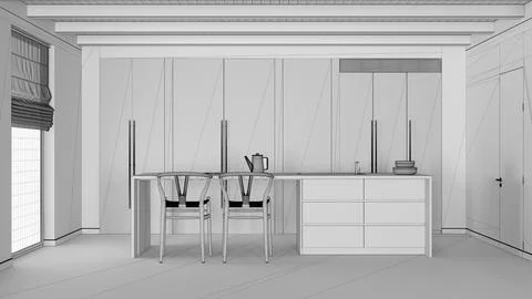 Blueprint unfinished project draft, minimal kitchen with wooden beams ceili.. Stock Illustration