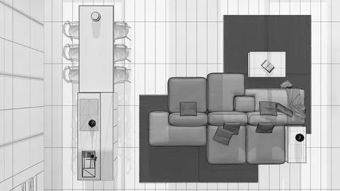Blueprint unfinished project draft, minimal modern wooden kitchen and livin.. Illustrazione stock