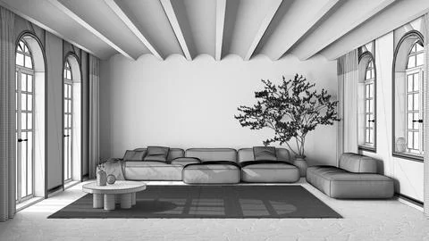 Blueprint unfinished project draft, minimal modern living room with sofa an.. Stock Illustration