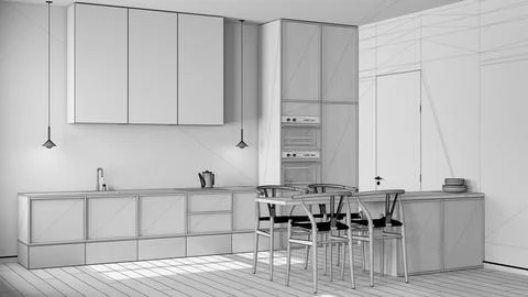 Blueprint unfinished project draft, minimalist nordic wooden kitchen and di.. Stock Illustration