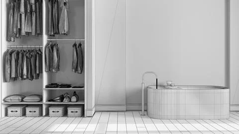Blueprint unfinished project draft, minimalist nordic wooden bathroom with .. Stock Illustration