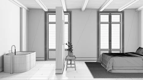 Blueprint unfinished project draft, minimalist nordic wooden spa suite. Bed.. Stock Illustration