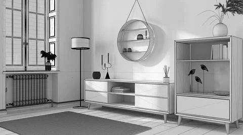 Blueprint unfinished project draft, modern wooden living room, dresser and co Stock Illustration