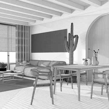 Blueprint unfinished project draft, modern dining and living room. Table wi.. Stock Illustration