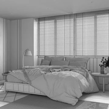 Blueprint unfinished project draft, modern wooden bedroom. Master bed with .. Illustrazione stock