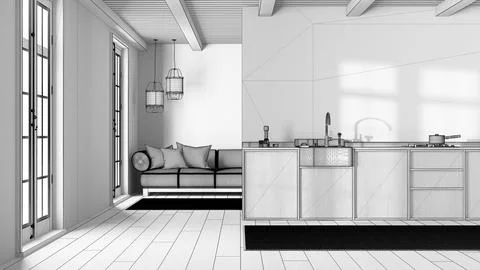 Blueprint unfinished project draft, modern trendy kitchen and living room. .. Stock Illustration