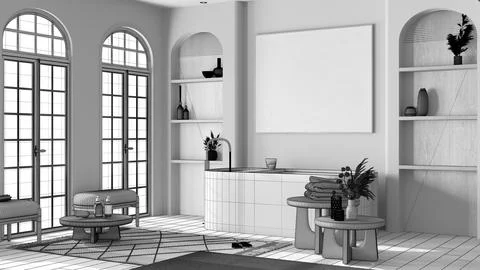 Blueprint unfinished project draft, modern wooden bathroom with parquet and.. Stock Illustration