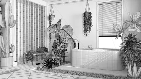 Blueprint unfinished project draft, modern wooden bathroom with freestandin.. Stock Illustration