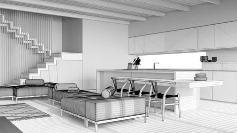 Blueprint unfinished project draft, modern wooden living room and kitchen. .. Stock Illustration