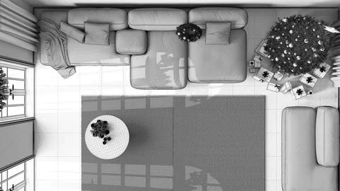 Blueprint unfinished project draft, modern living room with sofa and carpet.. Stock Illustration