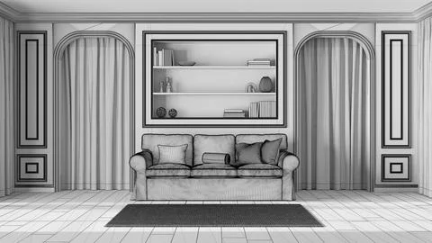 Blueprint unfinished project draft, neoclassic living room, molded walls with Stock Illustration