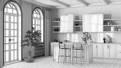 Blueprint unfinished project draft, rustic wooden kitchen with island and s.. Stock Illustration