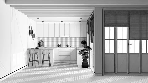 Blueprint unfinished project draft, rustic wooden kitchen. Cabinets, island.. 스톡 일러스트