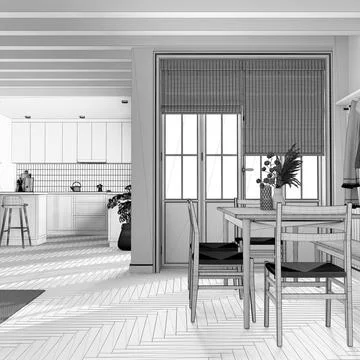 Blueprint unfinished project draft, rustic wooden kitchen and dining room. .. Stock Illustration