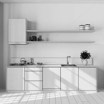 Blueprint unfinished project draft, rustic wooden kitchen with appliances. .. Illustrazione stock
