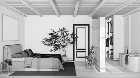 Blueprint unfinished project draft, scandinavian nordic wooden bedroom and .. Stock Illustration