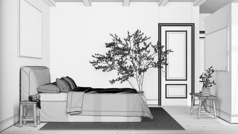 Blueprint unfinished project draft, scandinavian nordic wooden bedroom with.. Stock Illustration