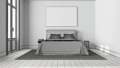 Blueprint unfinished project draft, scandinavian nordic wooden bedroom. Dou.. Stock Illustration