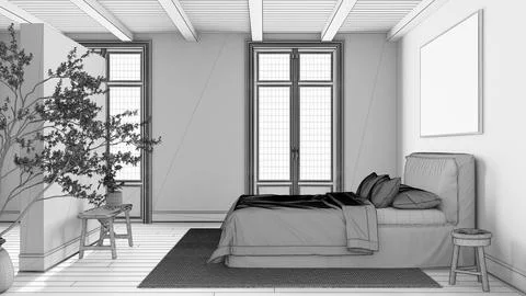 Blueprint unfinished project draft, scandinavian nordic wooden bedroom. Dou.. Stock Illustration
