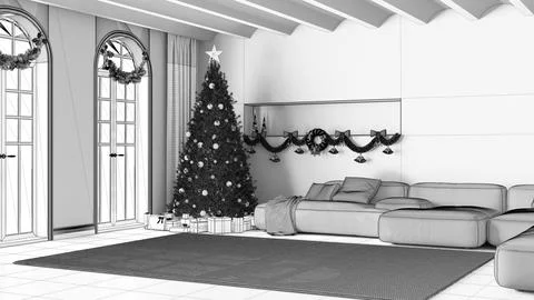 Blueprint unfinished project draft, winter, Christmas, New Year interior de.. Stock Illustration