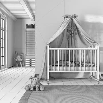 Blueprint unfinished project draft, wooden nursery. Canopy crib, carpet and t Stock Illustration