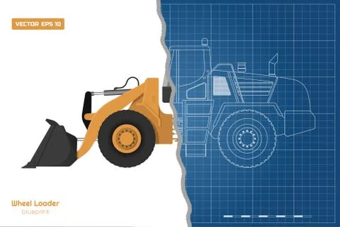 Blueprint of wheel loader. Top, side, front view. Diesel digger Stock Illustration