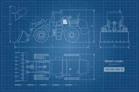 Blueprint of wheel loader. Top, side, front view. Diesel digger Stock Illustration