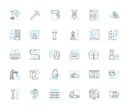 Blueprinting linear icons set. Drafting, Planning, Scaling, Architecture Stock Illustration