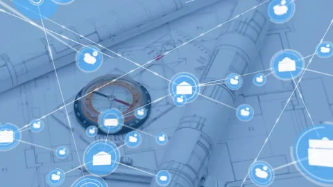 Blueprints and compass with network of connections animation overlaid Stock Footage 306636193