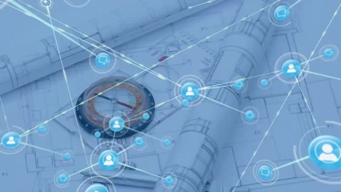 Blueprints and compass overlaid with network of digital connections animation Stock Footage 303869739