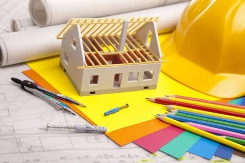 Blueprints and work tools Stock Photos