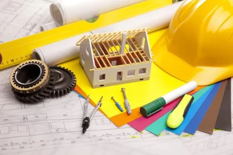 Blueprints and work tools Stock Photos